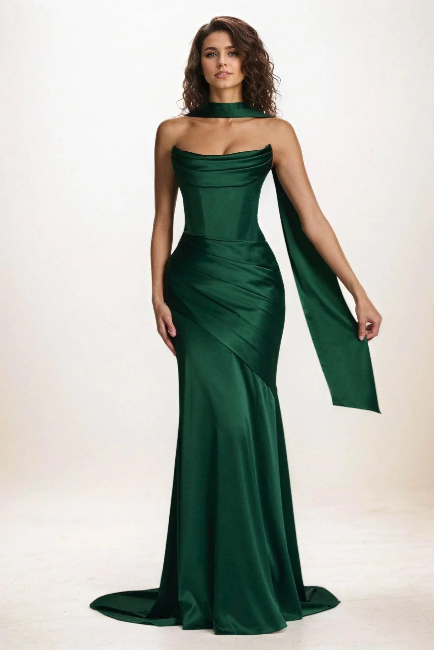 Trumpet-Mermaid Sweep-Brush Train Luxe Satin Wedding Guest Dress Neck Scarf Strapless Lace-Up Corset Formal Evening Dress COCOMELODY CG0301